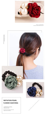 Pearl Rose Flower Hair Elastics Bands Hair Ties Stretchy Rubber Hairbands Floral Headbands Scrunchies Ponytail Holder