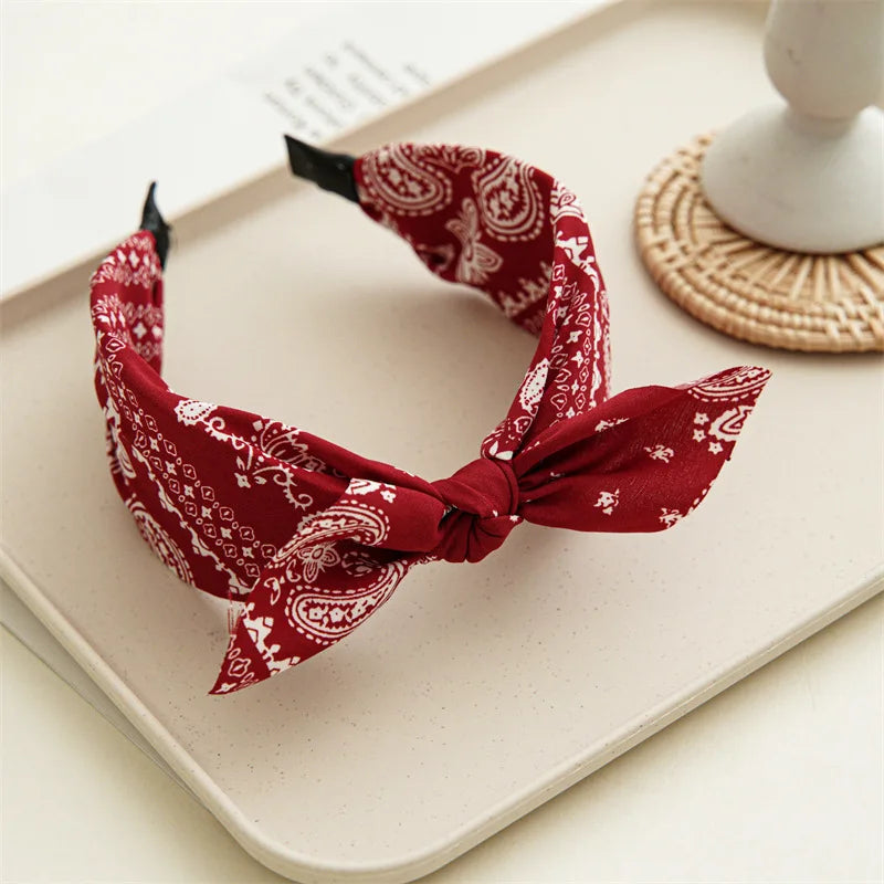 Fashion Paisley Bandana Headband for Women Top Knotted Bow Hairbands Cute Rabbit Ear Turban Headwrap Hair Band Girls Accessories