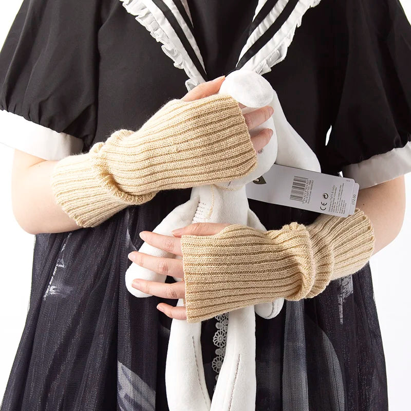 Women Fingerless Anime Gloves Arm Warmers Goth Knitted Kawaii Lolita Gloves Wrist Sleeves Harajuku Mittens Y2k White Accessories