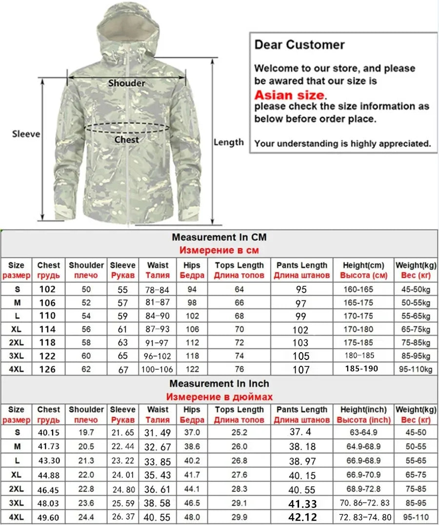 Tactical Winter Set Men's Outdoor Windproof Waterproof Suit Multi-Pocket Soft Shell Hooded Jackets Sharkskin Work Pants