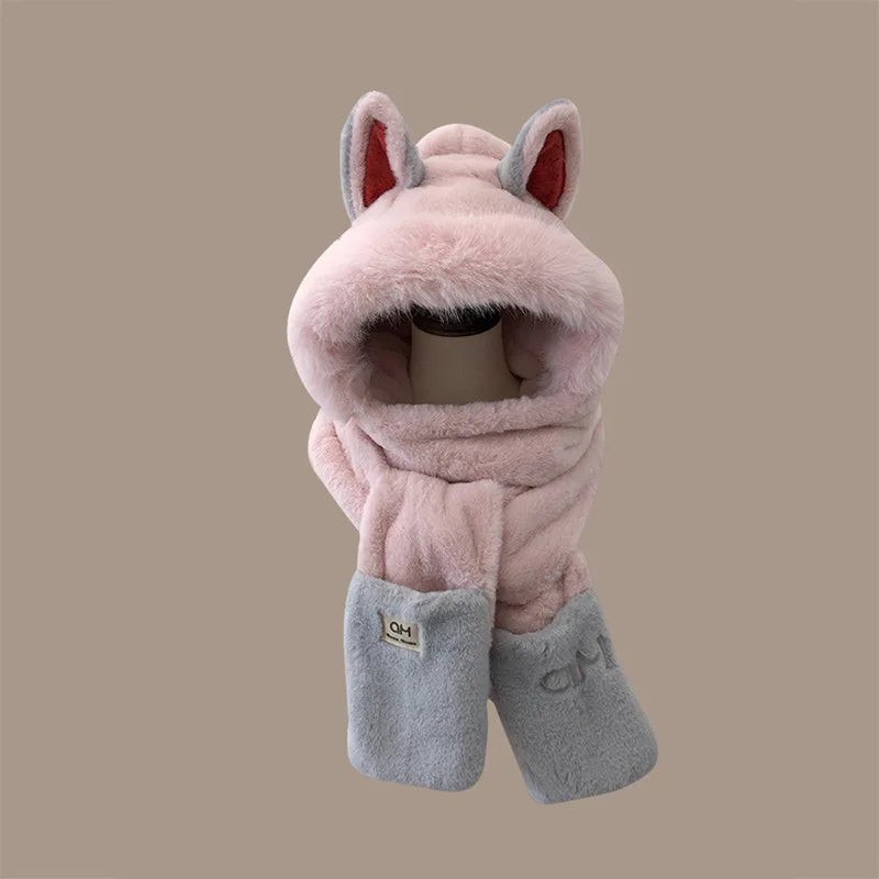Winter new Firefox ears warm furry skiing scarf gloves one-piece hat children