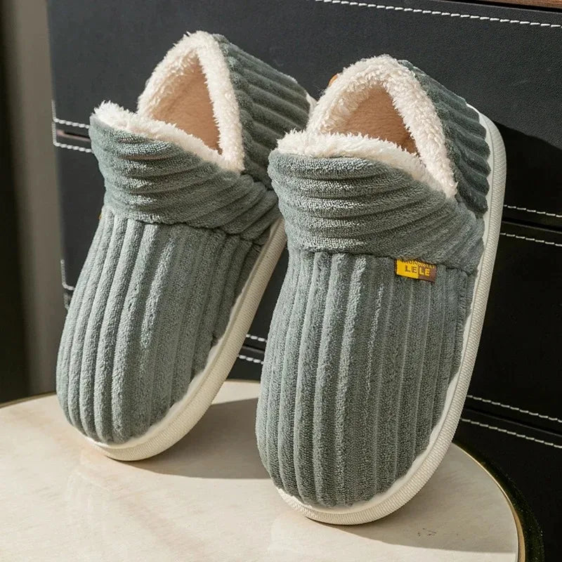 Winter Couple Style Concise Stripes Wrap Heels Plush Slippers Ladies' Non-slip Soft Warm Flip Flops Men Home Casual Cotton Shoes