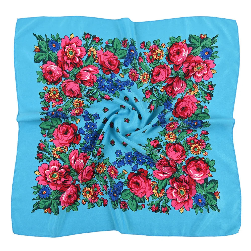 70*70cm Luxury Flowers Square Russian Scarf Women Floral Printed Shawl Female Bandana Head Wrap Headband Scarves Handkerchief