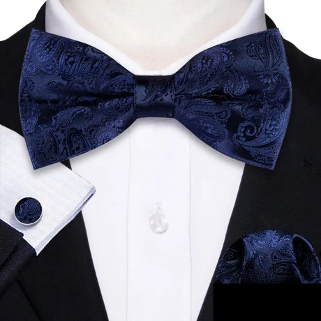 Barry.Wang Navy Royal Sky Blue Silk Mens Bow Tie Jacquard Paisley Floral Pre-Tied Bowtie Hanky Cufflinks Set Wedding Business