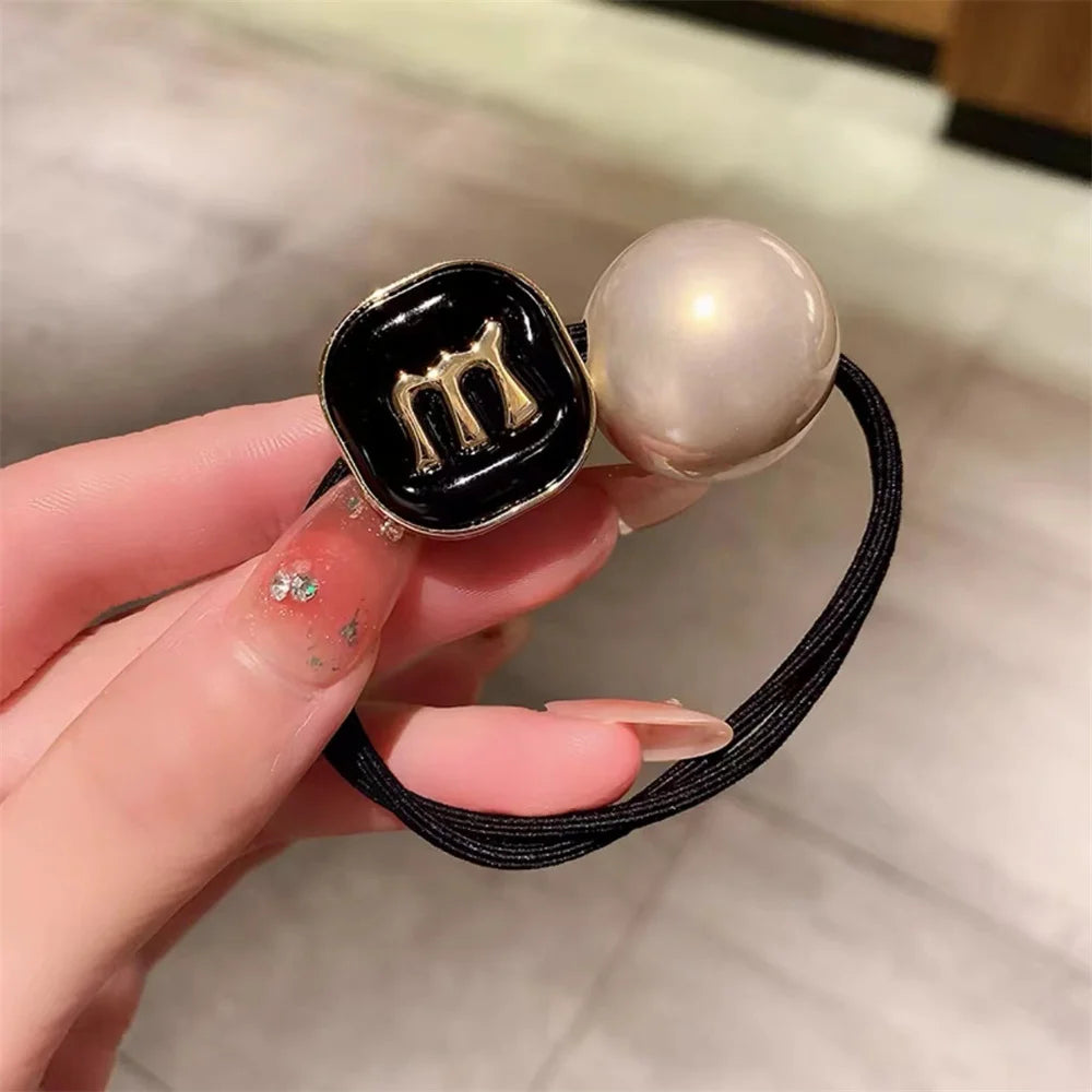 Fashion Pearl High Elastics Hair Ties for Women Girl Letter M Exquisite Hair Rope Non-slip Ponytail Hair Rubber Band Accessories