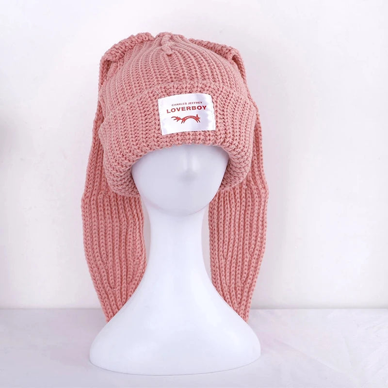 Cute Rabbit Long Ear Hat Knitted Hat Warm Cap Knit Letter Cap Unisex Cap Beanie Long Ear Hat Crochet Knitted Bunny Hat
