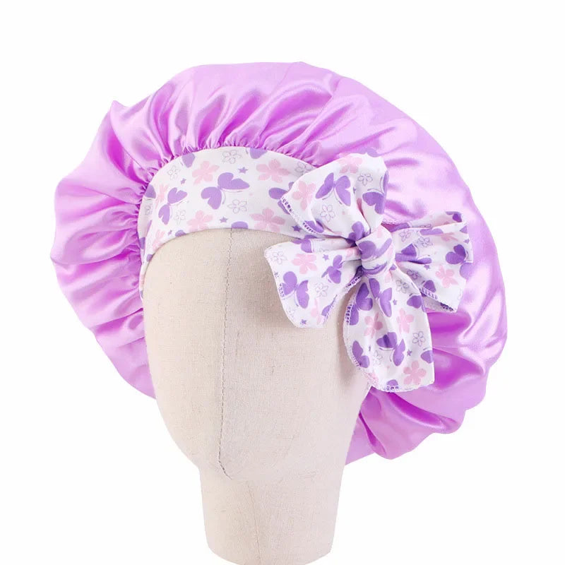 Kids Girls Sleep Cap Floral Print Hair Bonnet Satin Night Sleep Hat Turban Sleeping Hat Children Hair Care Bonnet Nightcap Caps