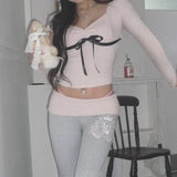 Bow Cropped Top Pink Sweet Contrast Ribbons Lace-up Coquette Aesthetic Slim Folds V-neck Knitted T-shirts Fall Cute Tee