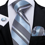 Luxury Blue Striped Polyester Ties for Men 8cm Width Wedding Business Prom Necktie Pocket Square Cufflinks Gift Men Accessories