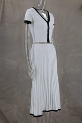 2024 Summer Women White long Skirt Suit Short Sleeve V-neck crop top pleated set elegant dress 2 piece skirt set Plus Size S-3XL