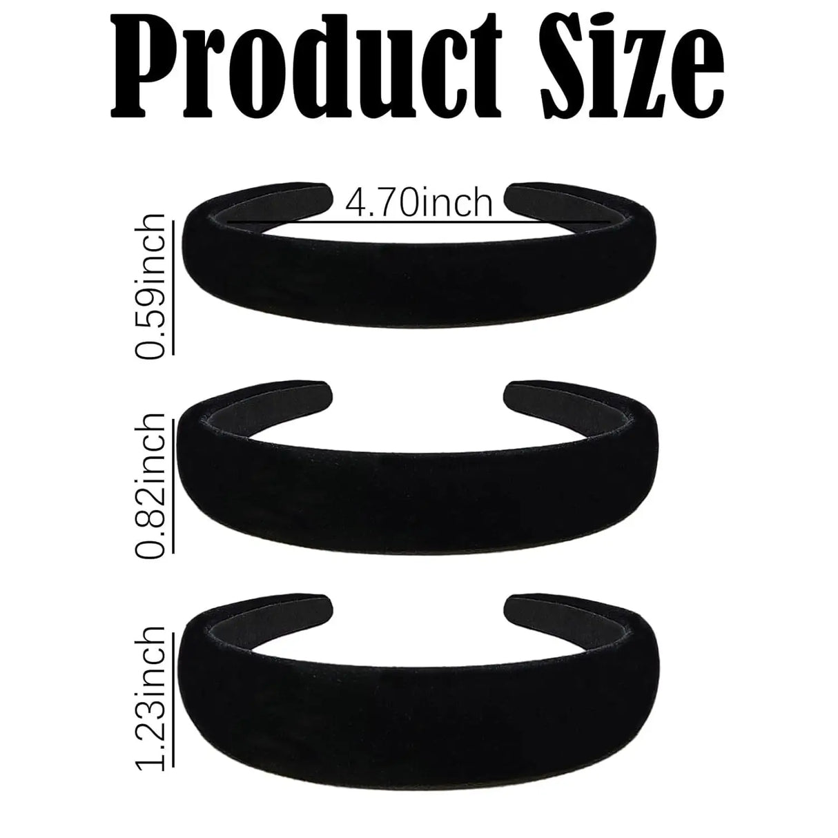 3 Pcs Black Velvet Padded Headbands for Women, Soft Simple Headband for Girls and Teens, Plain No Teeth Thick Hoops Hair Accesso